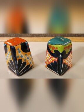 Authentic Talavera Mexican Pottery Salt & Pepper Shakers Hand Painted Signed 3"